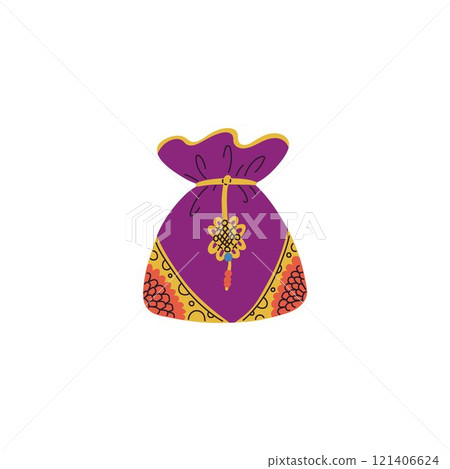 Korean lucky bag decorated with flowers and tassel, vector traditional Asian lucky symbol purse, silk pouch for gifts 121406624