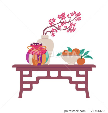 Korean lucky bag composition with branch of sakura in vase and mandarins on the table, traditional Asian purses, holiday 121406633