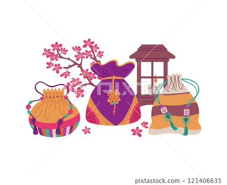 Vector illustration Korean bags for good luck, surrounded by a sakura net, flowers, a candle Vector illustration Korean bags for good luck, surrounded by a sakura net, flowers, a candle 121406635