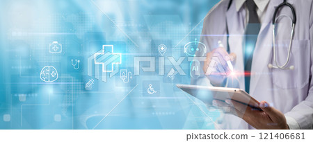 A doctor operates a tablet displaying medical icons and AI symbols for digital healthcare applications. 121406681