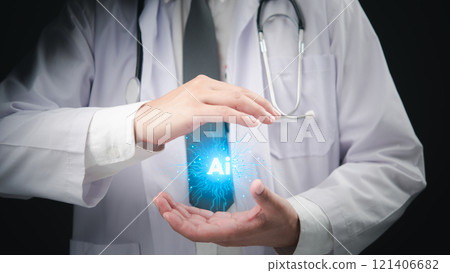Doctor hands surrounding a glowing AI icon, symbolizing artificial intelligence in healthcare. 121406682