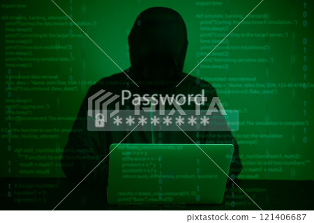 Hacker in silhouette targeting encrypted password data on a digital screen. 121406687