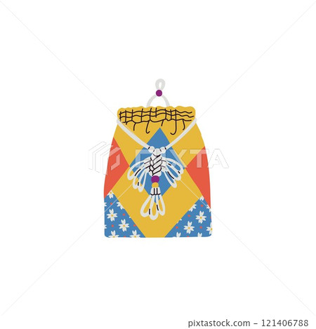 Vector illustration of a happy bag made of multicolored fabric with an ornament of flowers 121406788