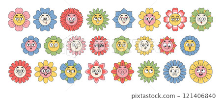 Crazy funky doodle daisy flower faces colorful chamomile characters with different emotions set 121406840