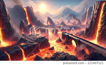 Video Game Volcanic Location with Lava and Smoke 121407121