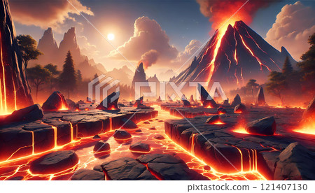 Video Game Volcanic Location with Lava and Smoke 121407130