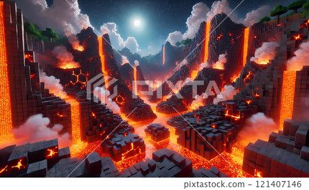 Video Game Volcanic Location with Lava and Smoke 121407146