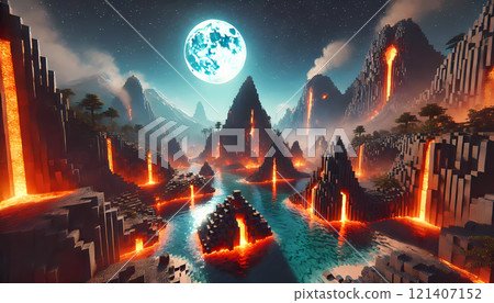 Video Game Volcanic Location with Lava and Smoke 121407152