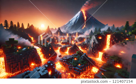 Video Game Volcanic Location with Lava and Smoke 121407154