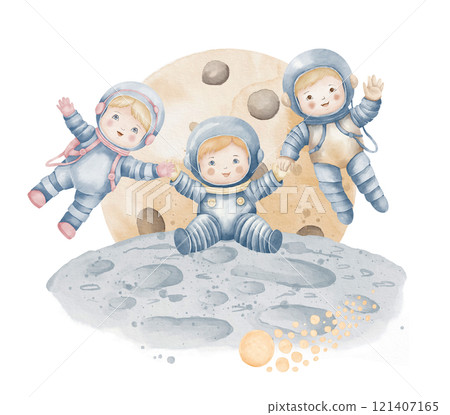Watercolor illustration of a cute astronauts and moon surface with craters in background of planet in a cosmic universe. Drawing of Baby Spacemen for childish nursery or kids cards in pastel colors. 121407165
