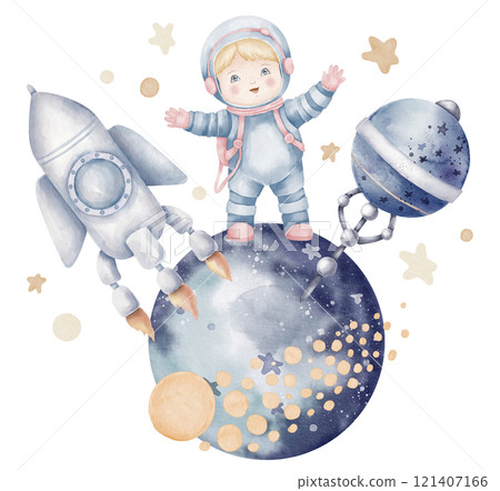 Watercolor illustration of Baby Astronaut standing on a Planet with spaceship and sputnik, surrounded by cosmic stars. Drawing of kid and Space for nursery, birthday cards or baby shower invitations. 121407166