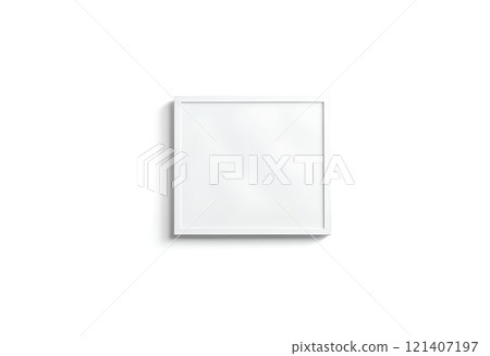 Blank white paper poster mock up stand at gallery wall, front view, isolated, 3d rendering. Empty placard with frame mockup. 121407197