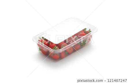 Blank transparent plastic box with raspberry mockup, side view. 121407247
