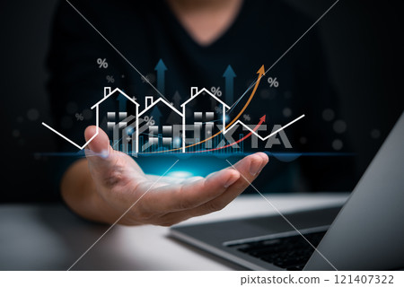 Businessman holding virtual graph showing real estate market growth. Perfect for financial, real estate, and investment presentations. Property market analysis concept. Businessman holding virtual graph showing real estate market growth. Perfect for financial, real estate, and investment presentations. Property market analysis concept. 121407322