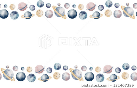 Watercolor template for card with seamless Border. Illustration of Planets for baby invitations in pastel blue and pink colors. Cute Space Frame for childish design. Cosmos Pattern with universe. 121407389