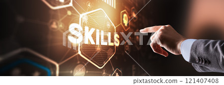 Skill Ability Business Internet technology Concept. Businessman in a jacket clicks on the inscription Skills Skill Ability Business Internet technology Concept. Businessman in a jacket clicks on the inscription Skills 121407408