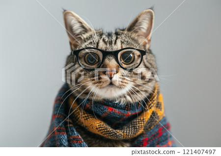 Happy cat wearing Teacher costumes, studio lighting, isolated on white background, stock photographic style 121407497