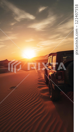 4x4 driving through desert with cinematic at sunset. Desert Road Trip. Allterrain driving the desert 121407558