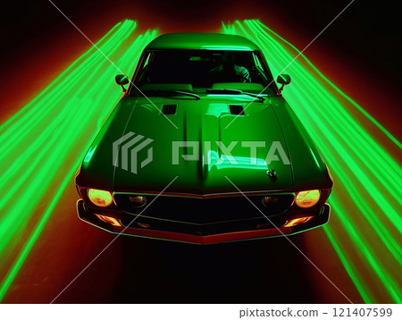 American Muscle Car. Old retro classic sports car, vintage old american cars, with neon lights 121407599