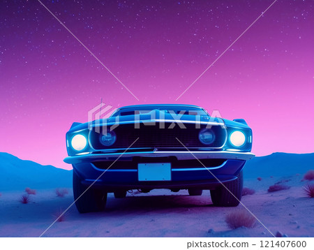 American Muscle Car. Old retro classic sports car, vintage old american cars, with neon lights 121407600