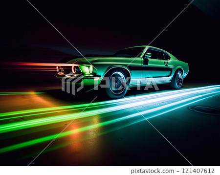 American Muscle Car. Old retro classic sports car, vintage old american cars, with neon lights 121407612