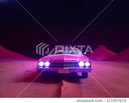 American Muscle Car. Old retro classic sports car, vintage old american cars, with neon lights 121407619