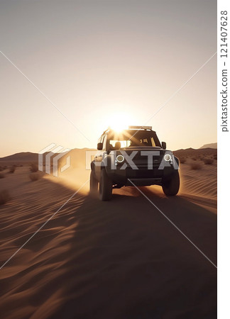 4x4 driving through desert with cinematic at sunset. Desert Road Trip. Allterrain driving the desert 121407628