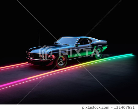 American Muscle Car. Old retro classic sports car, vintage old american cars, with neon lights 121407651