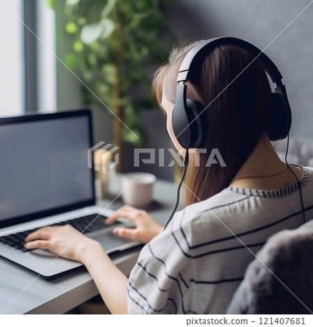 Hipster teenage student girl sit at table using laptop computer learning online Hipster teenage student girl sit at table using laptop computer learning online 121407681