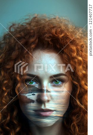 introspective artwork featuring a young girl's face. minimalist design showcases her serene expression on a pristine white background. Multiple 121407717
