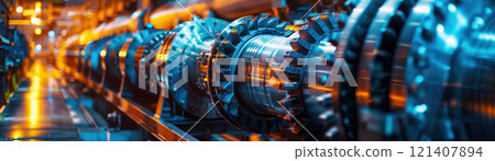 Closeup of turbines inside a hydropower plant, showing the mechanics of energy generation 121407894