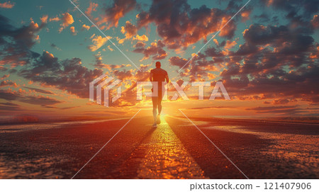 Runner crossing finish line in a vibrant sunset, sportsman, triumph and persistence 121407906