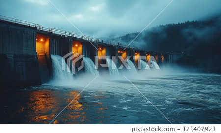 Hydroelectric dam generating power, representing sustainable energy infrastructure 121407921
