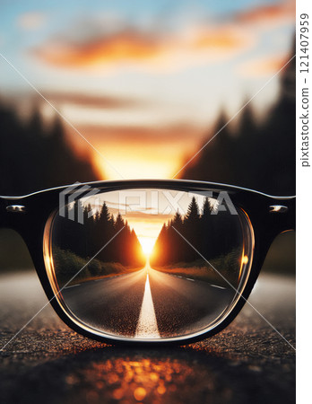 Glasses, the road is seen in sharp focus, leading towards a bright sunset in the distance clearly see the future Glasses, the road is seen in sharp focus, leading towards a bright sunset in the distance clearly see the future 121407959