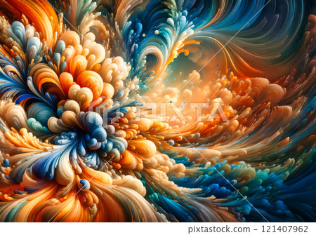 Vibrant 3D painting: Surrealistic, flowing textures colorful explosions and flowing fabrics in light orange and beige hues fusion of cyan and bronze Vibrant 3D painting: Surrealistic, flowing textures colorful explosions and flowing fabrics in light orange and beige hues fusion of cyan and bronze 121407962