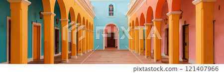 Historic Hispanic church with festival decorations, Hispanic Heritage religious, Cultural reverence 121407966