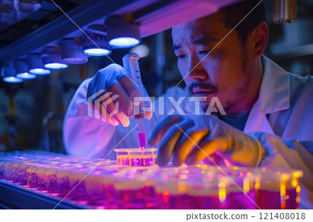 A scientist examining bacterial cultures in a sterile lab, illustrating pathogen research 121408018