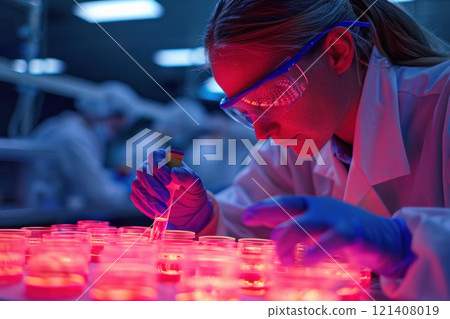 A scientist examining bacterial cultures in a sterile lab, illustrating pathogen research 121408019