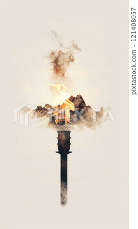 Olympic flame journey close up, focus on, copy space colorful route Double exposure silhouette with landscapes 121408057