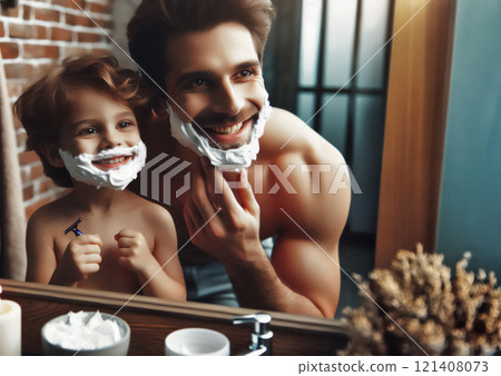 Shaving cream, bathroom and dad with son mirror reflection, Father, boy and mirror in home for learning facial care, grooming 121408073