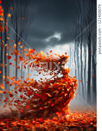 autumn woman fairy in a windswept forest under a brooding, cloud-laden sky, dress from cascading layers of vibrant, falling autumn leaves, 121408074