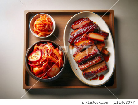 kkakdugi Korean radish kimchi and Korean-style soy-marinated grilled pork, vegetables in a bowl, wooden tray, two plates, kkakdugi Korean radish kimchi and Korean-style soy-marinated grilled pork, vegetables in a bowl, wooden tray, two plates, 121408077
