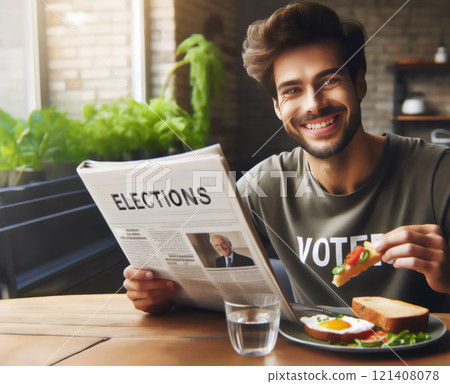 eating breakfast or happy man with newspaper reading election info to relax in morning. Home, voter and person at brunch eating breakfast or happy man with newspaper reading election info to relax in morning. Home, voter and person at brunch 121408078