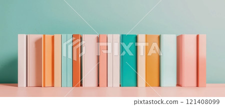 Colorful books lined up on a shelf. 121408099