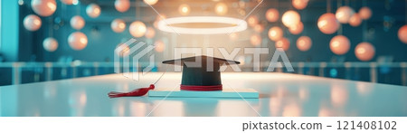 Graduation cap on a stage with colorful lights. Graduation cap on a stage with colorful lights. 121408102