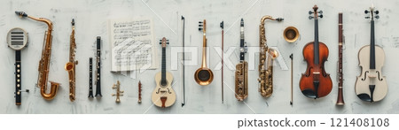 Various musical instruments arranged on a white background. 121408108