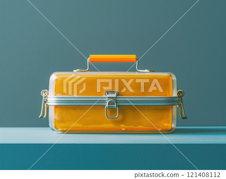 A yellow plastic suitcase with a silver latch and handle sits on a blue surface. A yellow plastic suitcase with a silver latch and handle sits on a blue surface. 121408112