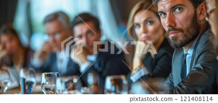 A business meeting with tense expressions and heated discussions, illustrating business stress A business meeting with tense expressions and heated discussions, illustrating business stress 121408114