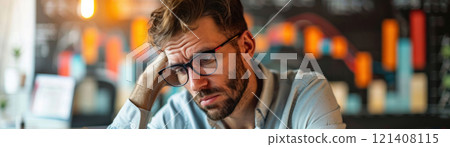 A business owner stressed over finances, looking at declining sales charts 121408115
