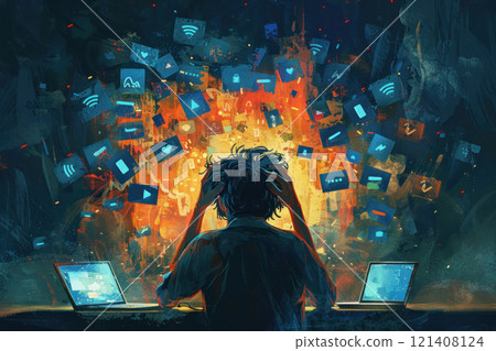 A person overwhelmed by technology and social media, surrounded by screens and notifications 121408124